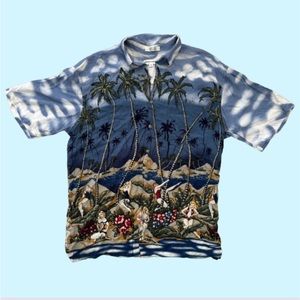 Vintage Pierre Cardin Blue Beach Pin up print Hawaiian button down shirt size M